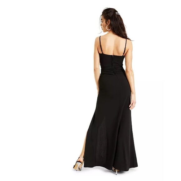 Emerald Sundae Black Ruched Side-Slit Slim Gown - Picture 2 of 10